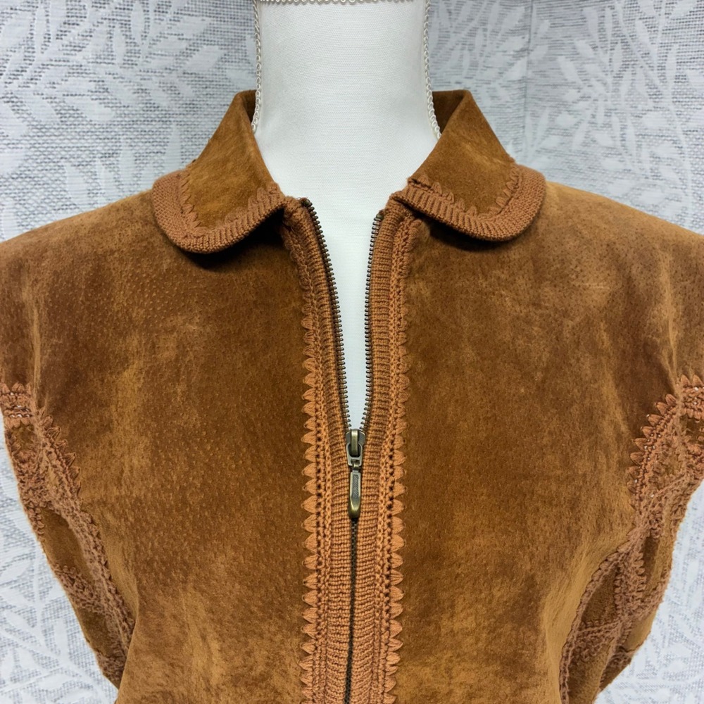 Lisa International Suede Knit Vest Womens XL Brown Crochet Zip Front Vintage 70s - Picture 13 of 13